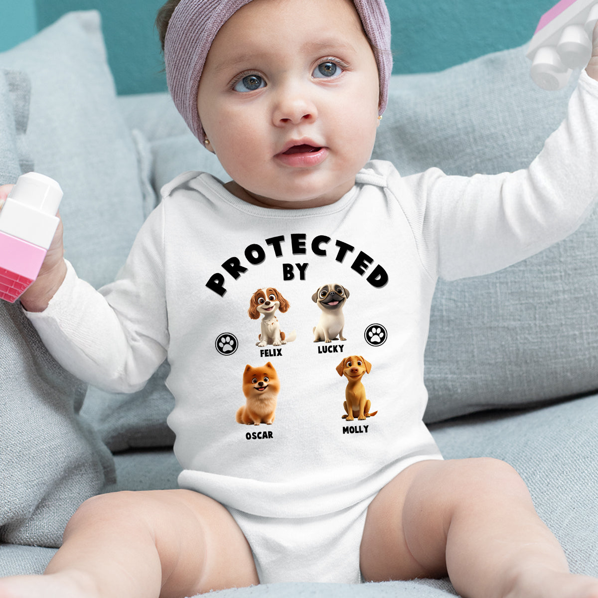 Human Protected By Dogs - Personalized Custom Long Sleeve Baby Onesie